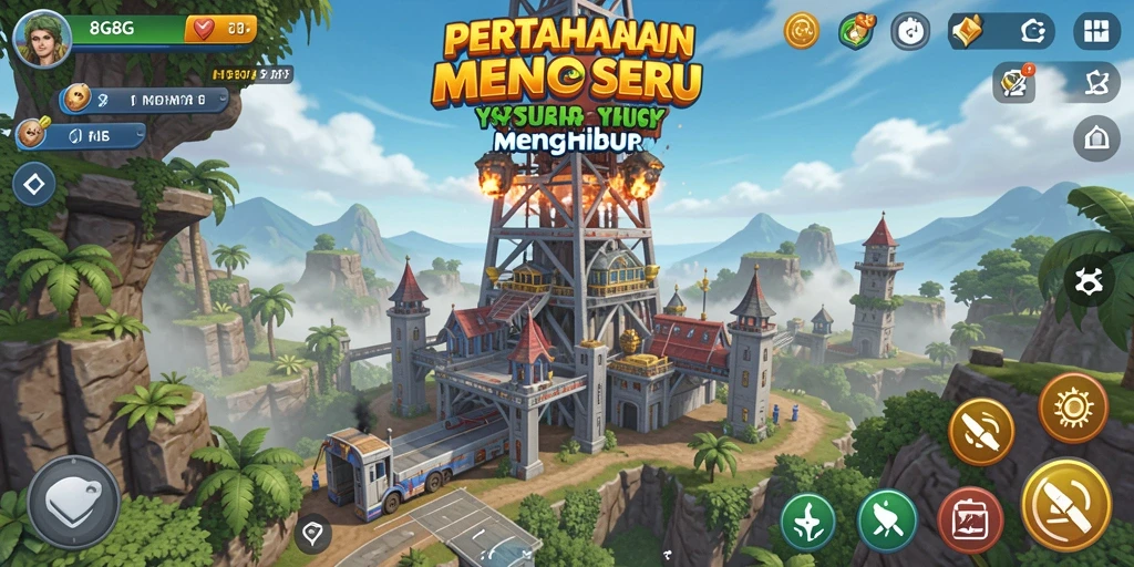 Tampilan gameplay <strong>8G8G</strong> dengan menara dan strategi yang menawan.