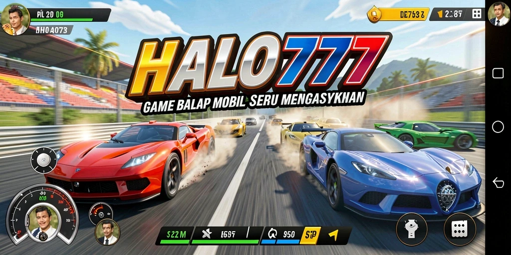 Screenshot menampilkan aksi balapan seru di HALO777.