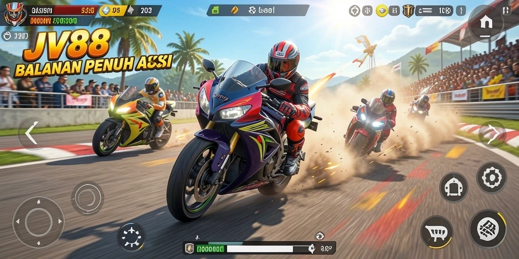 Screenshot menunjukkan balapan motor yang mendebarkan dan grafis yang memukau.