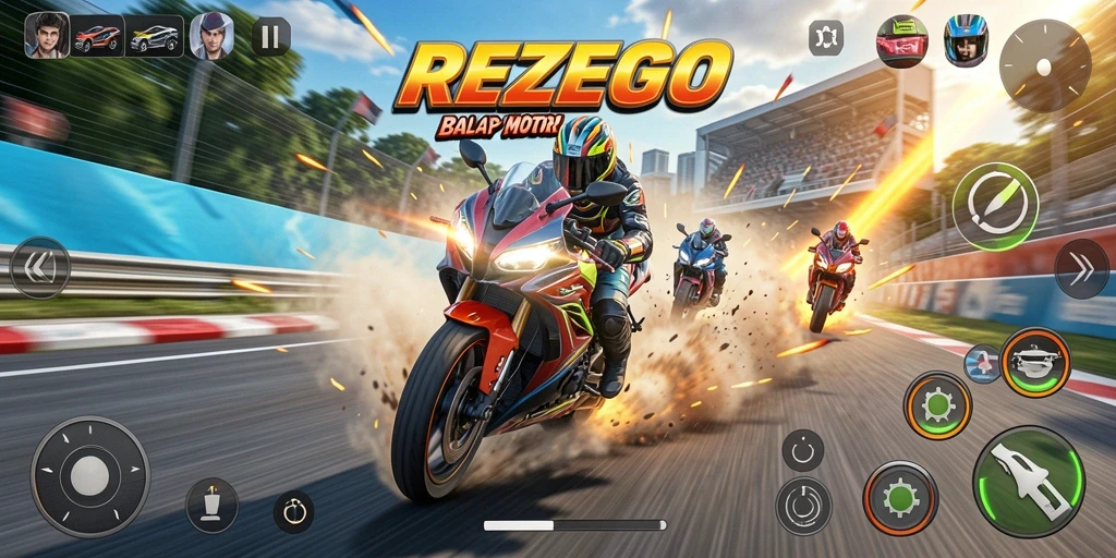 Gameplay seru REZEGO menampilkan aksi balap motor yang intens.